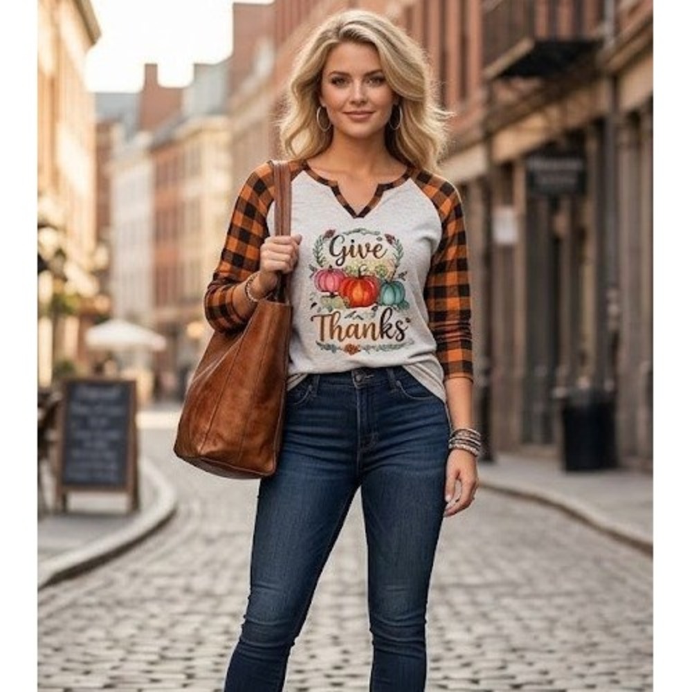 Unbranded Raglan Top Women 2XL Grey Orange Buffalo Plaid Give Thanks Pumpkin